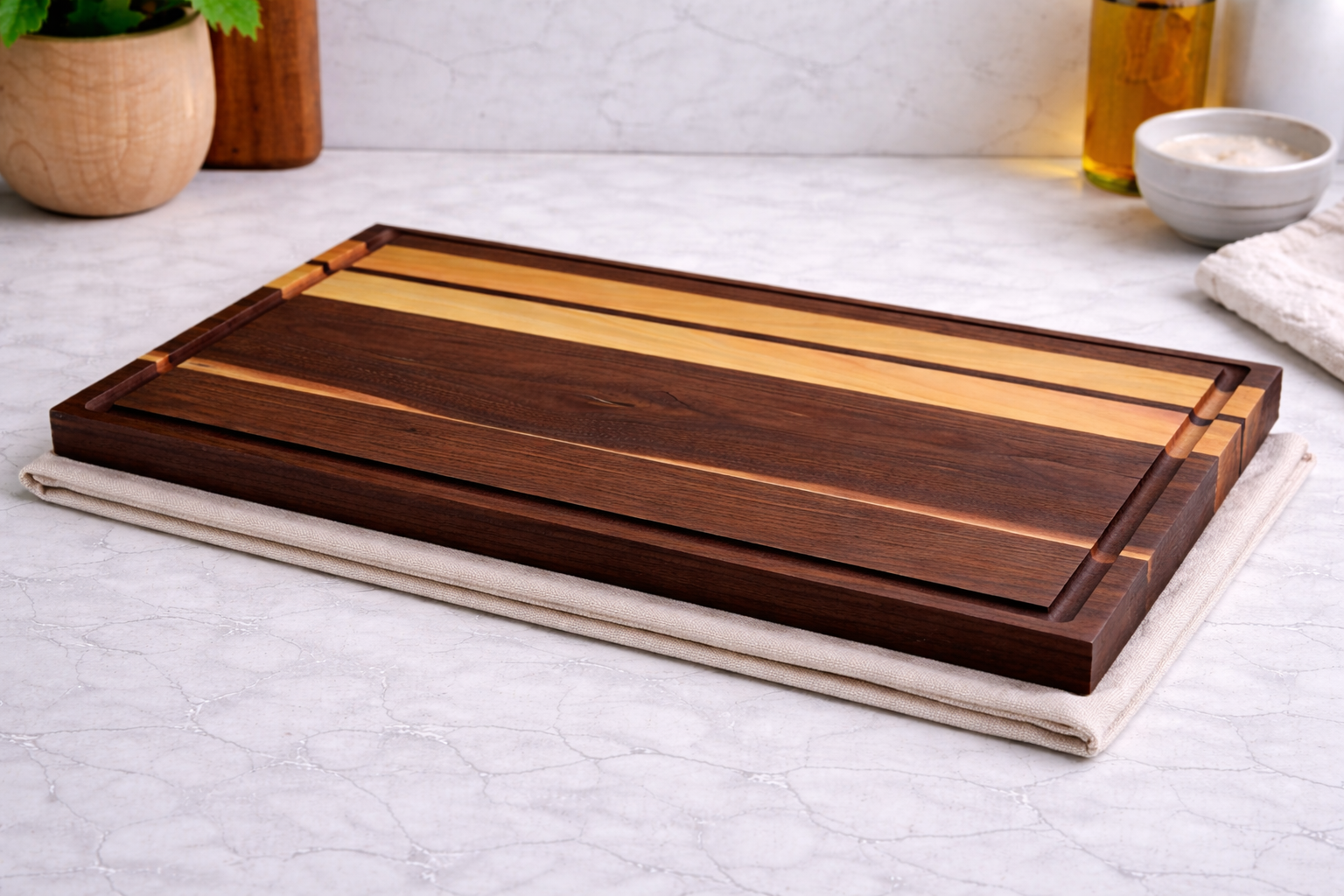 Walnut and cherry chopping board side view
