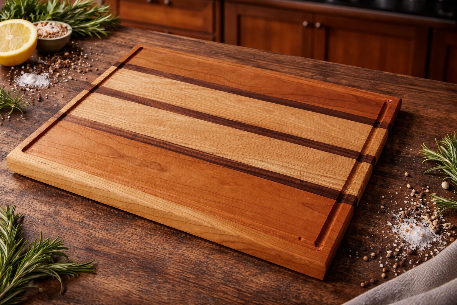 Cherry, oak and walnut chopping board with mixed-grain pattern