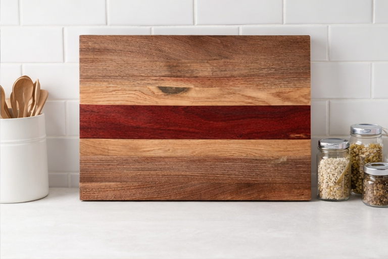 Handcrafted walnut serving board with contrast stripe design on a kitchen counter