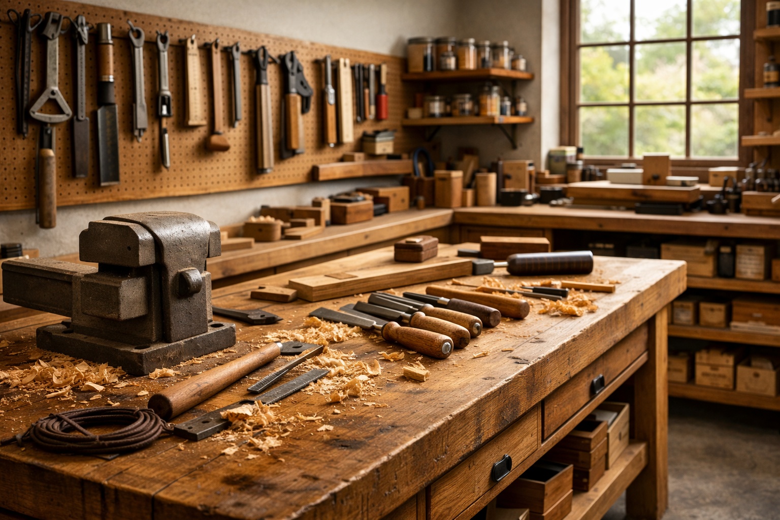 Craftsperson shaping a bespoke wooden piece in a woodworking workshop