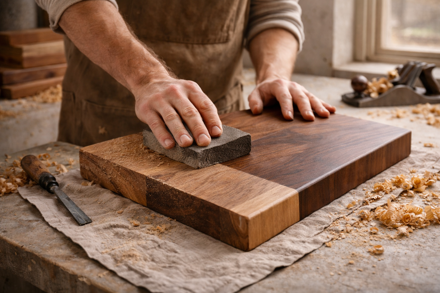 Close-up of a craftsperson shaping wood by hand in a warm workshop setting